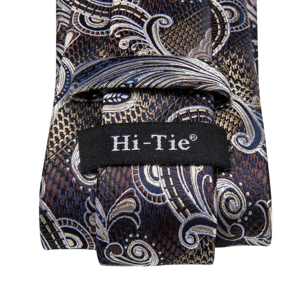 Hi-Tie Paisley Brown Tie For Men Elegant Mens Necktie Pocket Square Cufflink Groom Wedding Accessory Wholesale New Designer Qme
