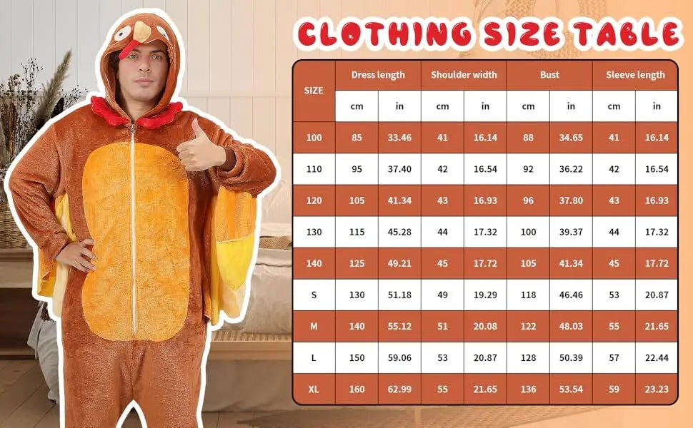 Adult Turkey Onesie Costume Turkey Pajamas Outfit Funny Animal Suit for Women Men Thanksgiving Halloween Cosplay Qme