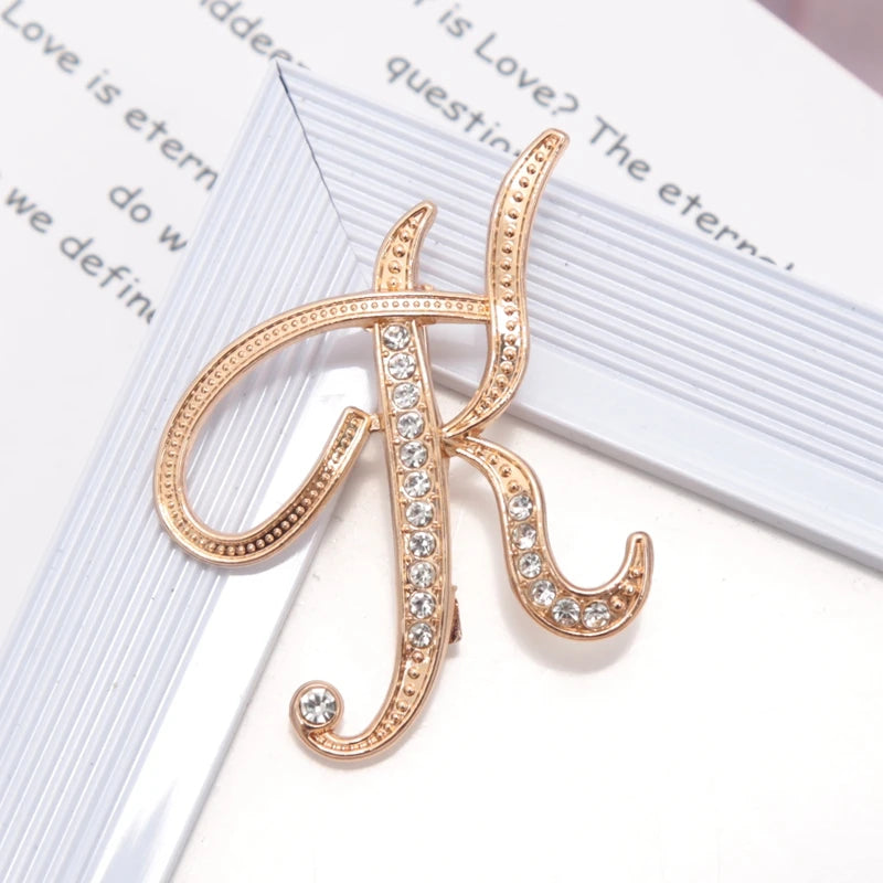 Women Luxury Letter Brooch Pins Gold Rhinestones Crystal English Qme K