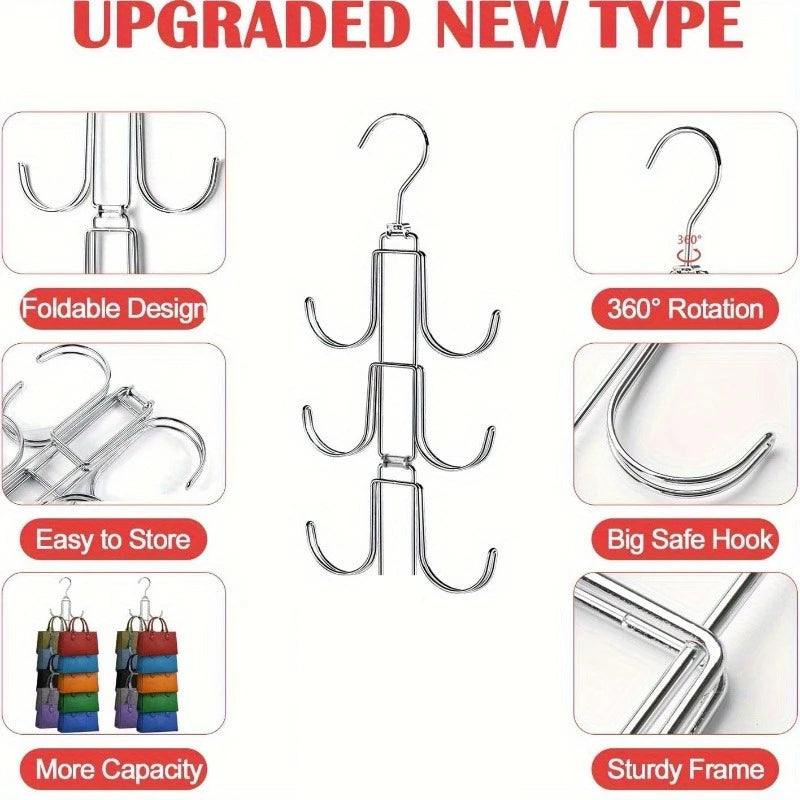 Foldable metal handbag hanger, 360-degree rotating space-saving storage device, suitable for storing items such as handbags Qme