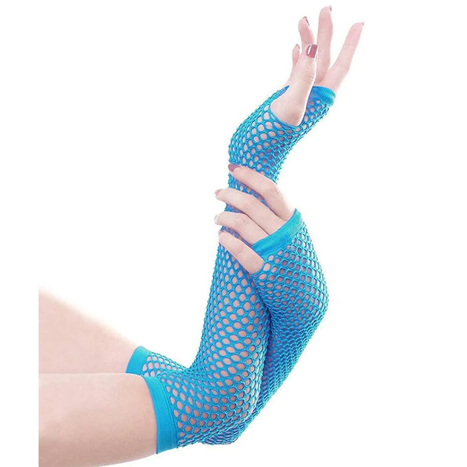 Colorful Fishnet Fingerless Long Gloves Party Wear Fancy Costume Accessories Sexy Girls Punk Goth Dance Performance Glovers Qme Sky Blue