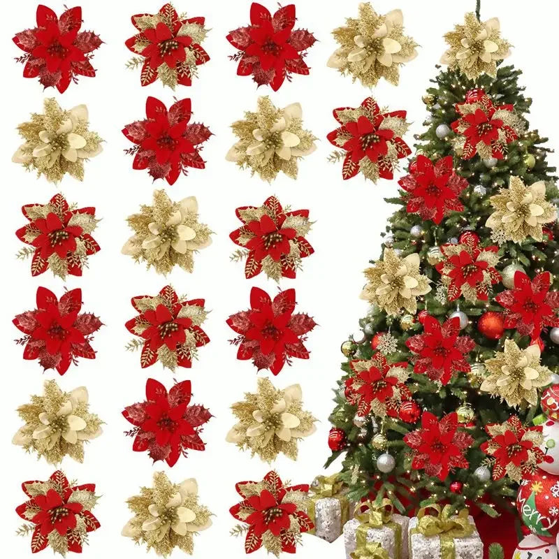 Glitter Christmas Flowers Xmas Tree Ornaments Christmas Decorations for Home 2025 Navidad Noel Natal Gifts New Year 2026 Qme