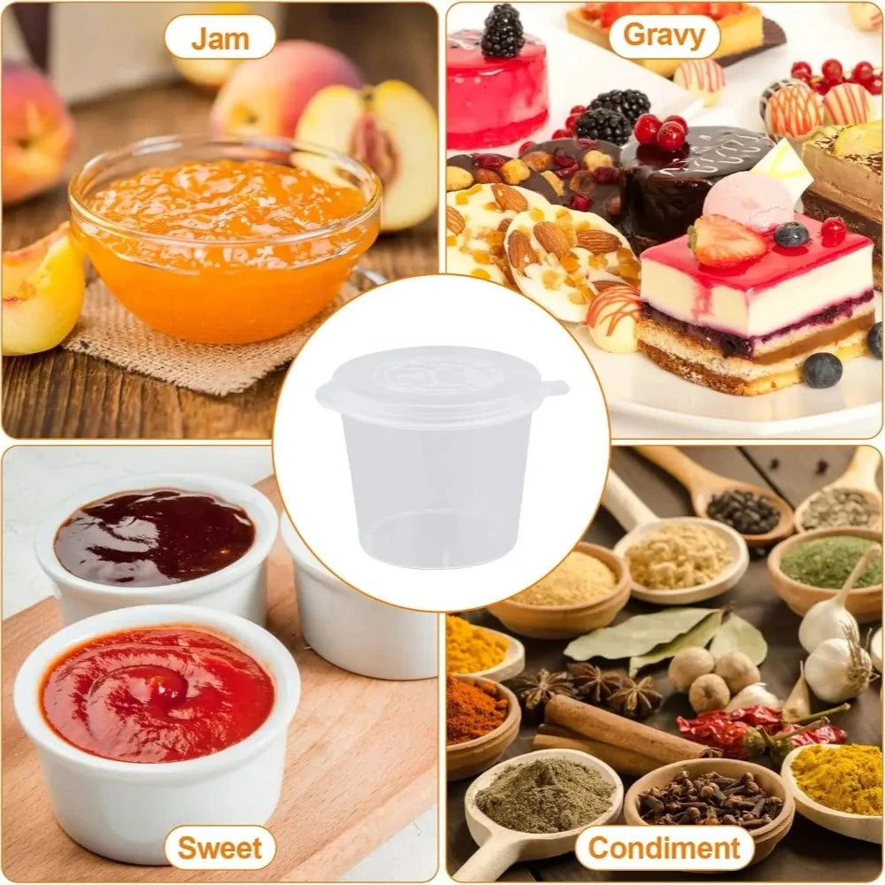 50/100Pcs Disposable Plastic Sauce Containers with Lids Mini Food Cups for Chutney Chili Sauce Kitchen Seasoning Storage Qme