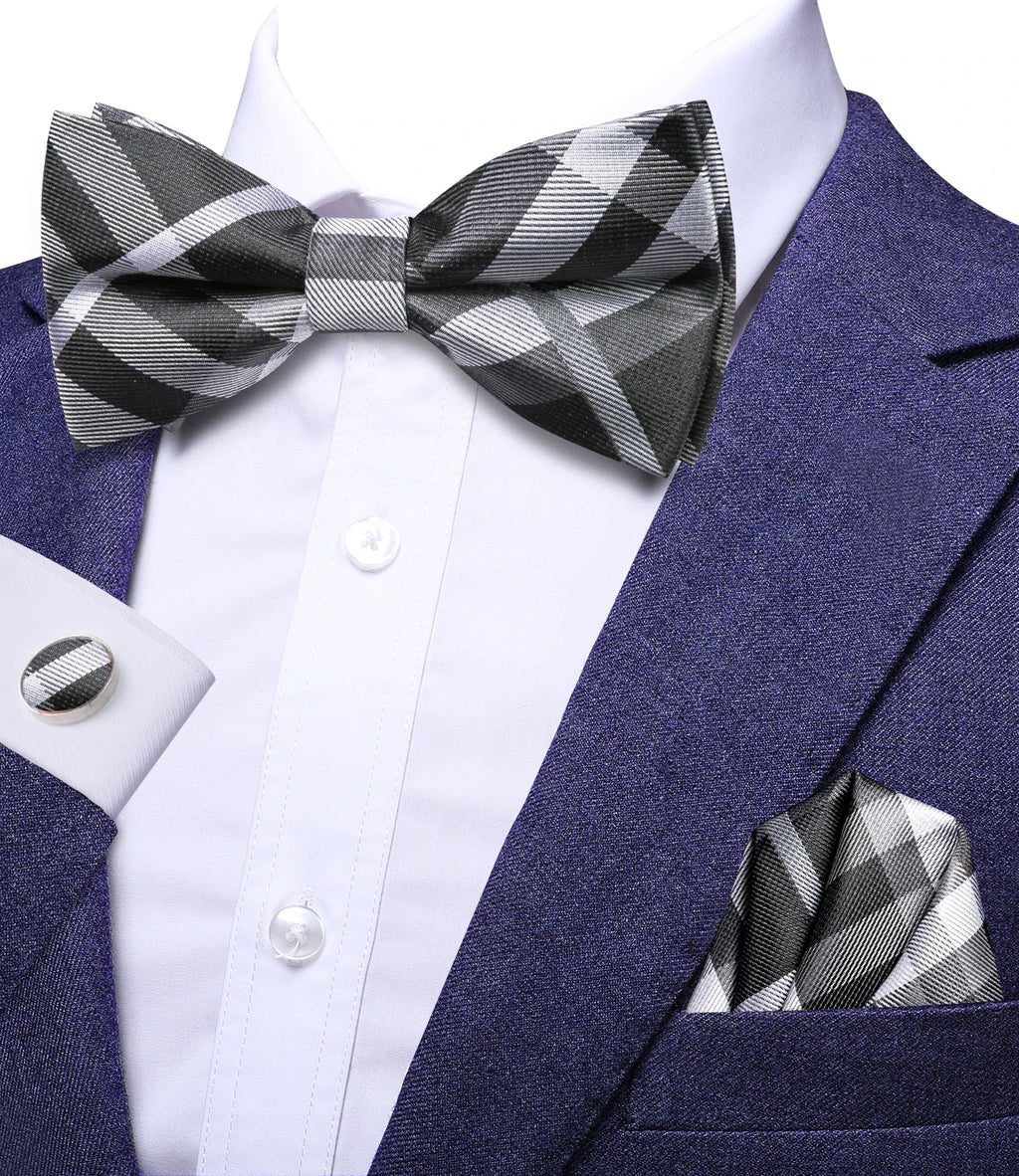 Hi-tie Grey Plaid Jacquard Pre-tied Mens Bow Tie Hanky Cufflinks Qme