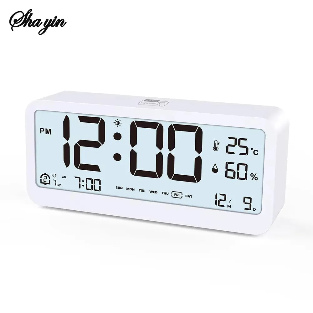 8001-EN Multifunctional Digital Clock LED Brightness Adjustable Temperature Humidity Displaying Alarm Clock with Dual Modes Qme 1PC White