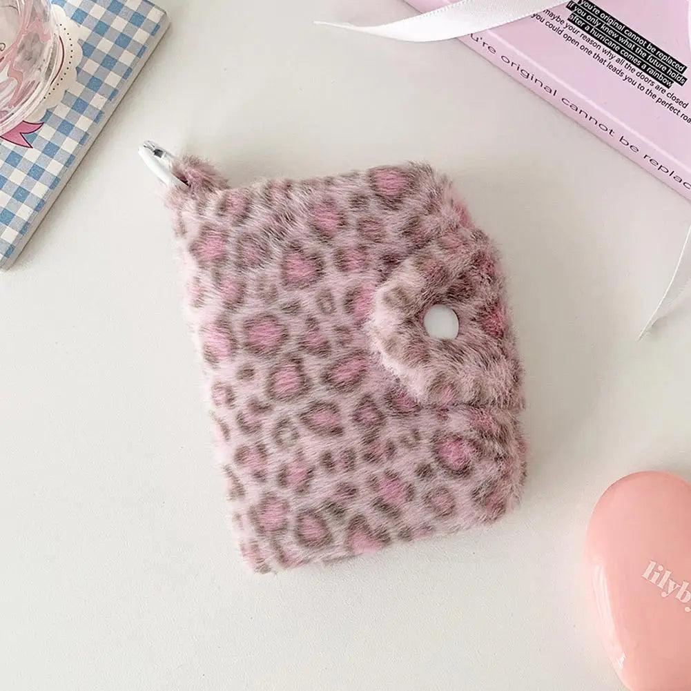 Leopard Print Coin Purse Plush Snap Closure Mini Wallet for Girls Portable ID Card Holder Coin Bag Small Clutch Pocket Wallet Qme Rose Red
