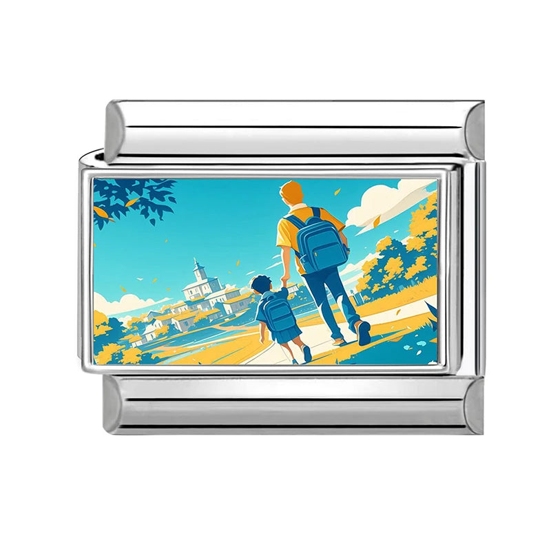 Blue Landscape Sky School Student Schoolbag City Italian Charms Fit 9mm Stainless Steel Women Fashion Bracelet DIY Jewelry Gifts Qme Style 10