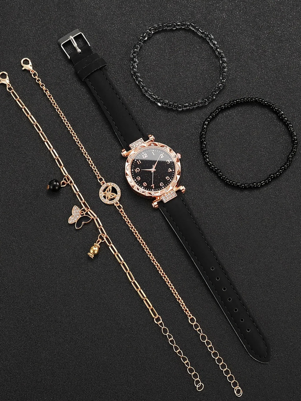 Rose Gold Women Quartz Watch 4Pcs Black Bracelets Jewelry Gift Qme