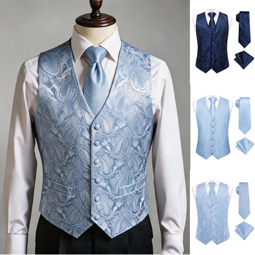 Blue Men Vest Three-Piece Suit Set, Dress Waistcoat with Tie and Pocket Square for Party Ceremony Qme
