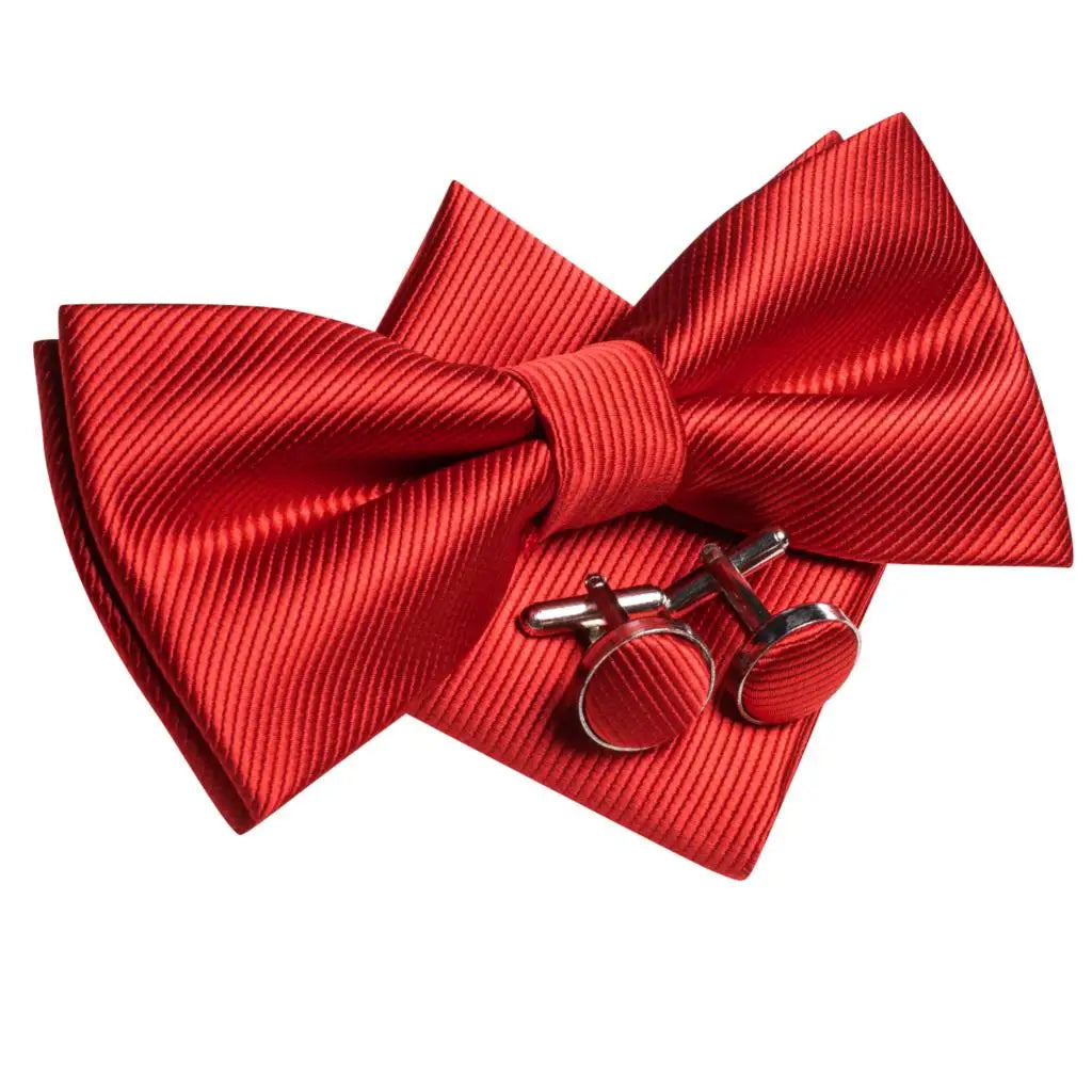 Rose Red Burgundy Maroon Silk Mens Bow Tie Hanky Cufflinks Set Jacquard Pre-tied Butterfly Knot Bowtie for Male Wedding Business Qme