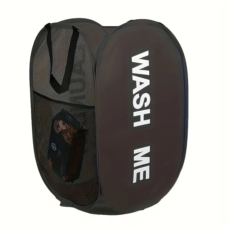 Foldable clothes storage basket with handle - Mesh washing machine suitable for laundry, bathroom, and dormitory decoration Qme black