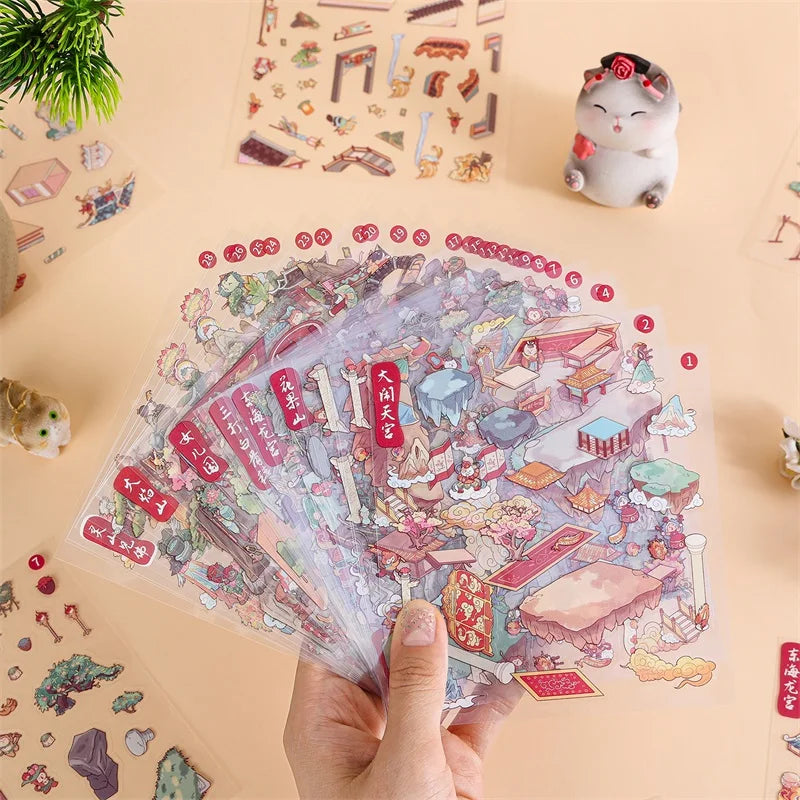 TIANZI 28/56 pcs Immersive Experience Sticker Series: "With Meow in Roleplay" Scroll Scenery Stickers - Cute Cat Stacking Scenes Qme