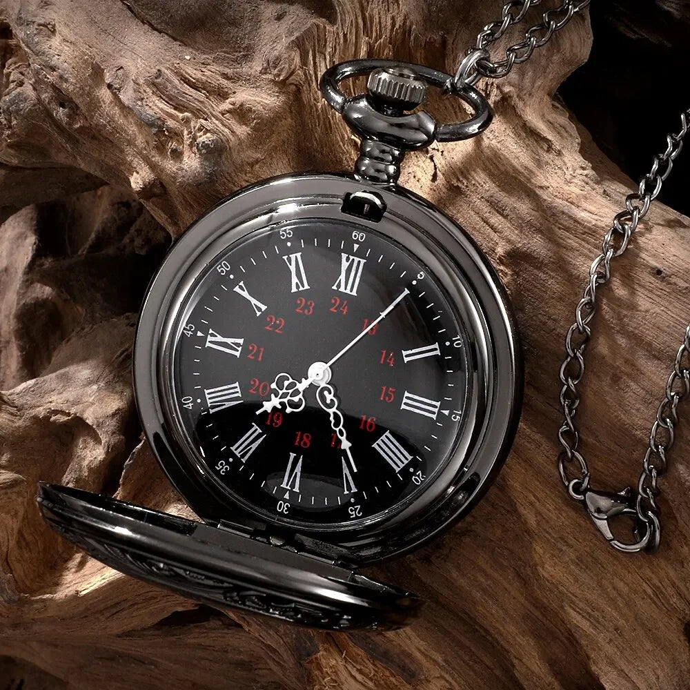 1 pcs Steampunk pocket watch, men's chain, necklace, antique charm, black, Roman numerals, quartz, unified fashion Qme