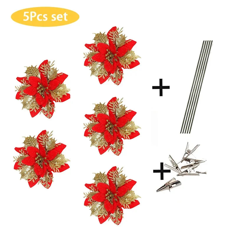 5PCS Glitter Poinsettia Artificial Xmas Flowers Ornaments for Christmas Tree Decorations Fake Flowers Head Christmas Decoration Qme Red Gold Set 5pcs