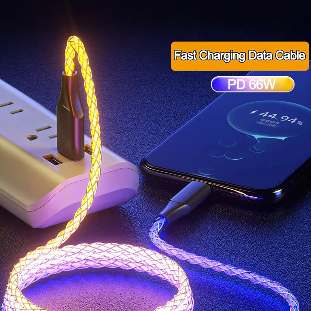66W PD Gradient Light Quick Charge 3.0 Cord PD Fast Charging Data Cable Nylon Braided Cord For iPhone 16 Xiaomi Samsung 1M Wire Qme