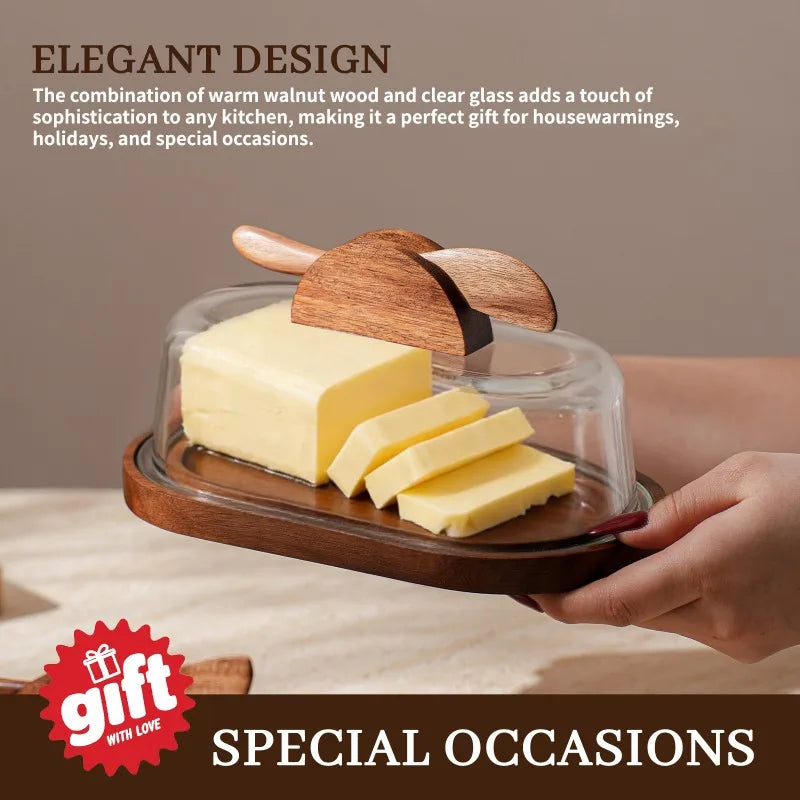 Premium Solid Wood Tray Tempered Glass Lid Reusable Butter Storage Qme