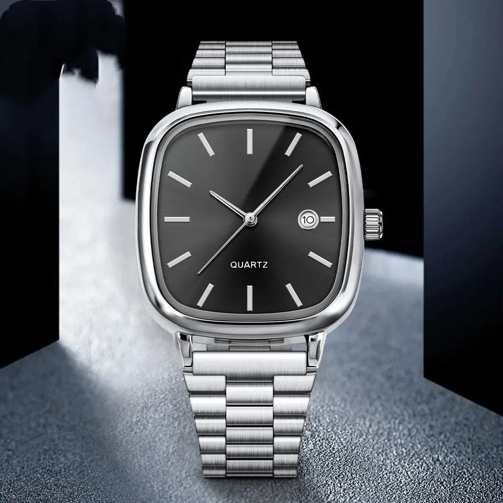 Steel strap watch, retro silver square watch, calendar, high-end feel, men's and women's commuting watch Qme