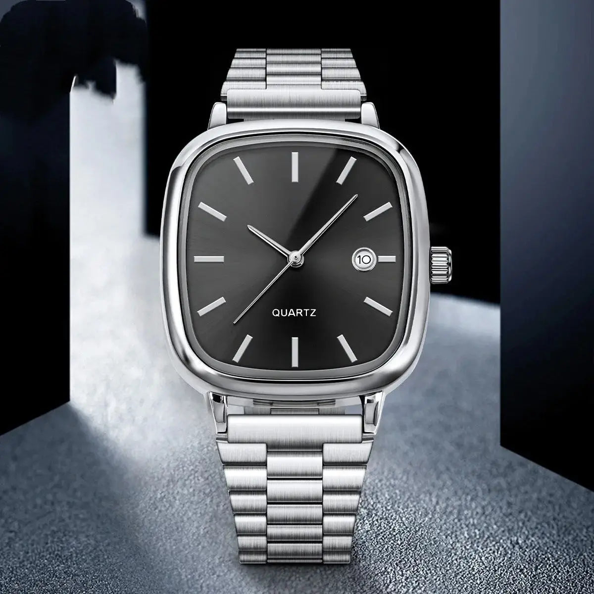 Steel strap watch, retro silver square watch, calendar, high-end feel, men's and women's commuting watch Qme