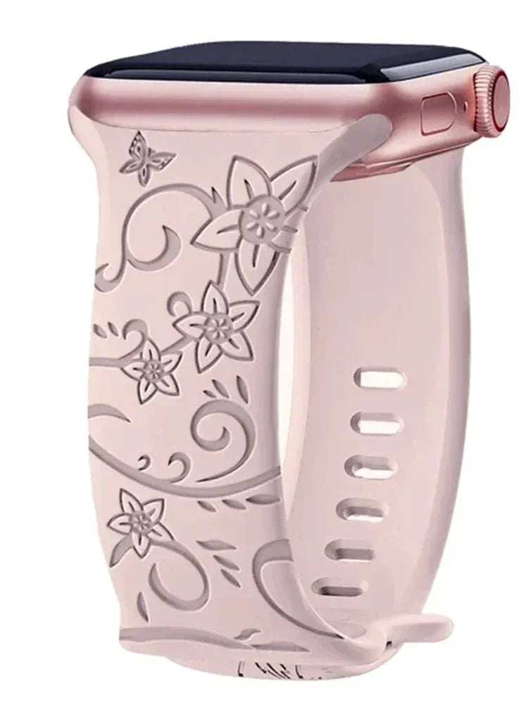 Floral Engraved Strap For Apple Watch Band 40mm 44mm 41mm 49mm 45mm 38mm 42mm silicone bracelet iwatch series 9 7 se 6 8 ultra 2 Qme