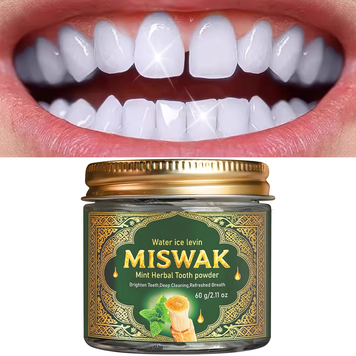 MISWAK Mint Herbal Tooth Powder, Deep Cleaning & Brightening with Charcoal & Hyaluronic Acid for Fresh Breath Qme