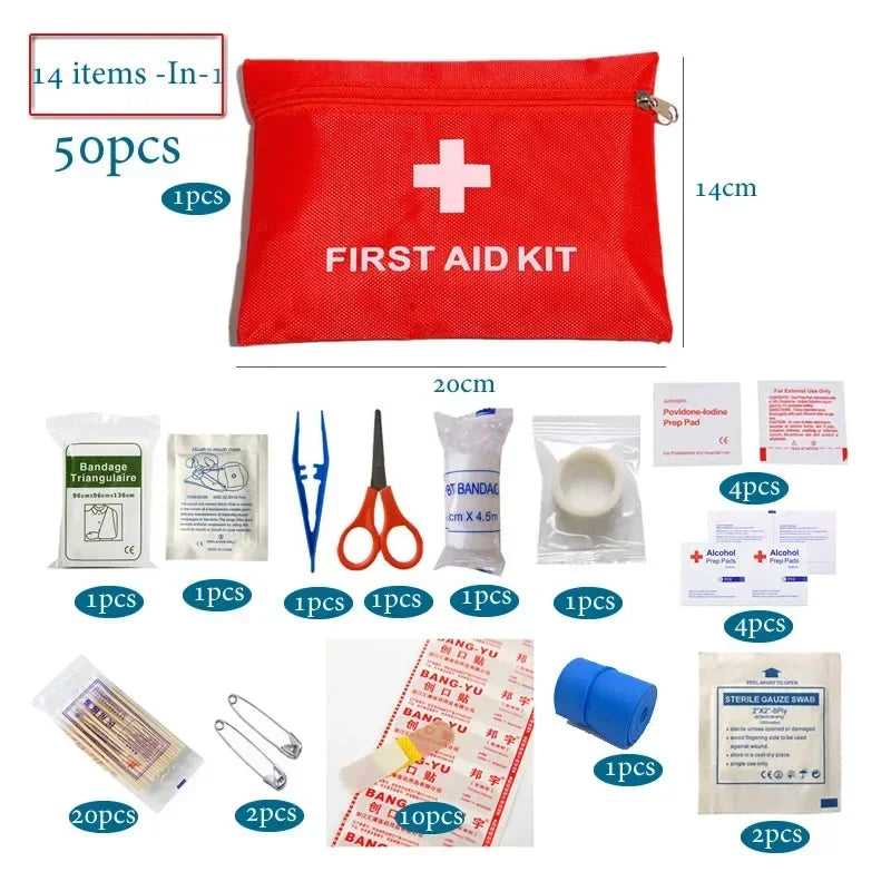 Emergency Medical Treatment For Family Or Travel, 14 Items/Set Portable Outdoor Waterproof First Aid Kit Qme red