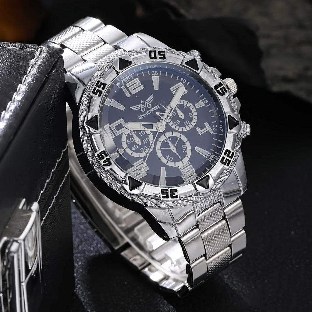 12PCS Men's Sporty Style Steel Belt Watch+Exquisite Ring, Necklace, and Bracelet Set for Christmas, Halloween, and Birthday Qme