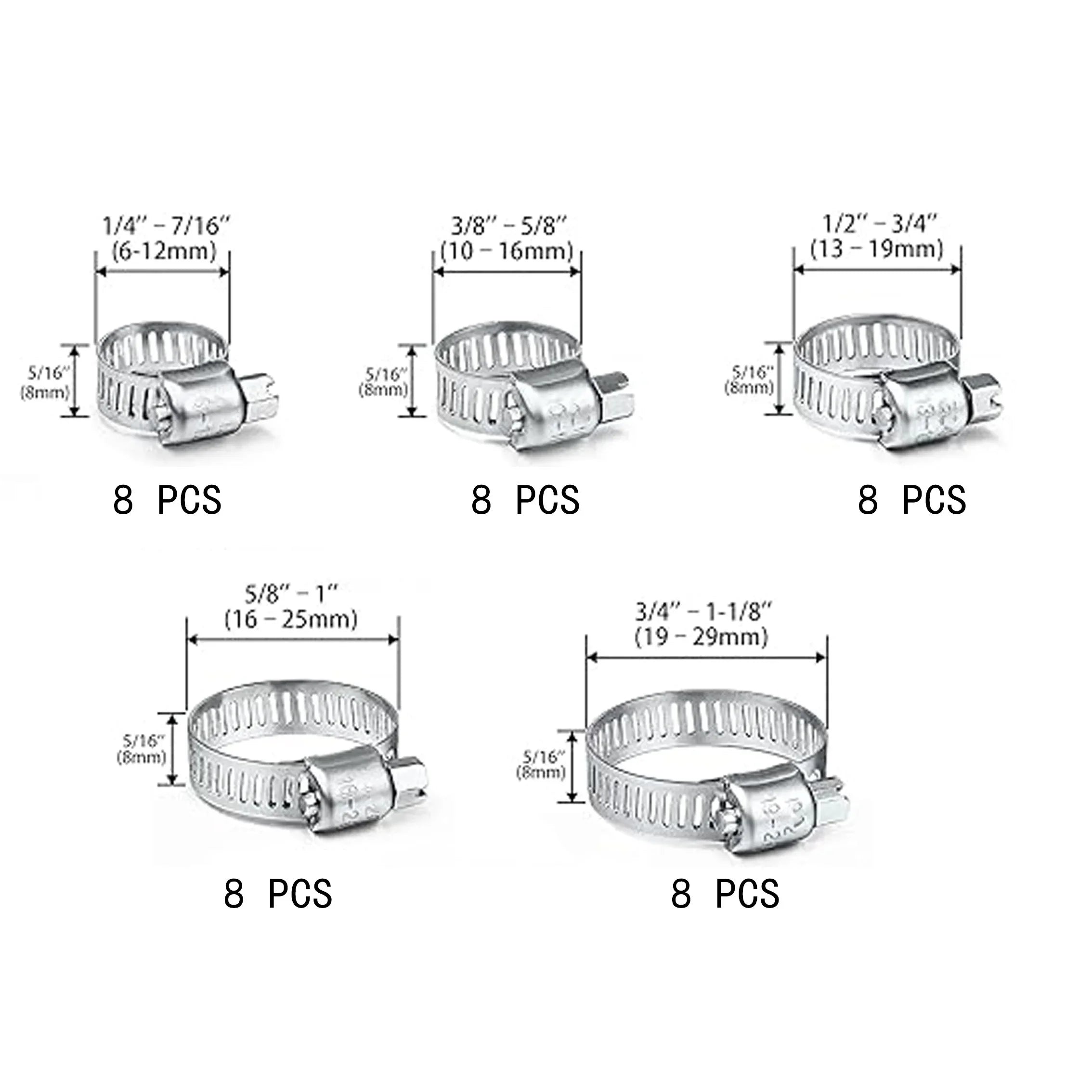 40pcs Hose Clamp Set - Stainless Steel Worm Gear Clamps For Pipes, Intercoolers, Plumbing, Tubes & Fuel Lines (1/4'' - 1-1/8'') Qme