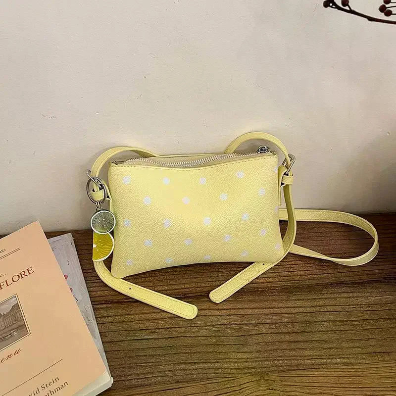 Color PU Leather Crossbody Bag Black Polka Dot Print Cute Fruit Charm For Daily Shopping Dating Casual Trips Qme