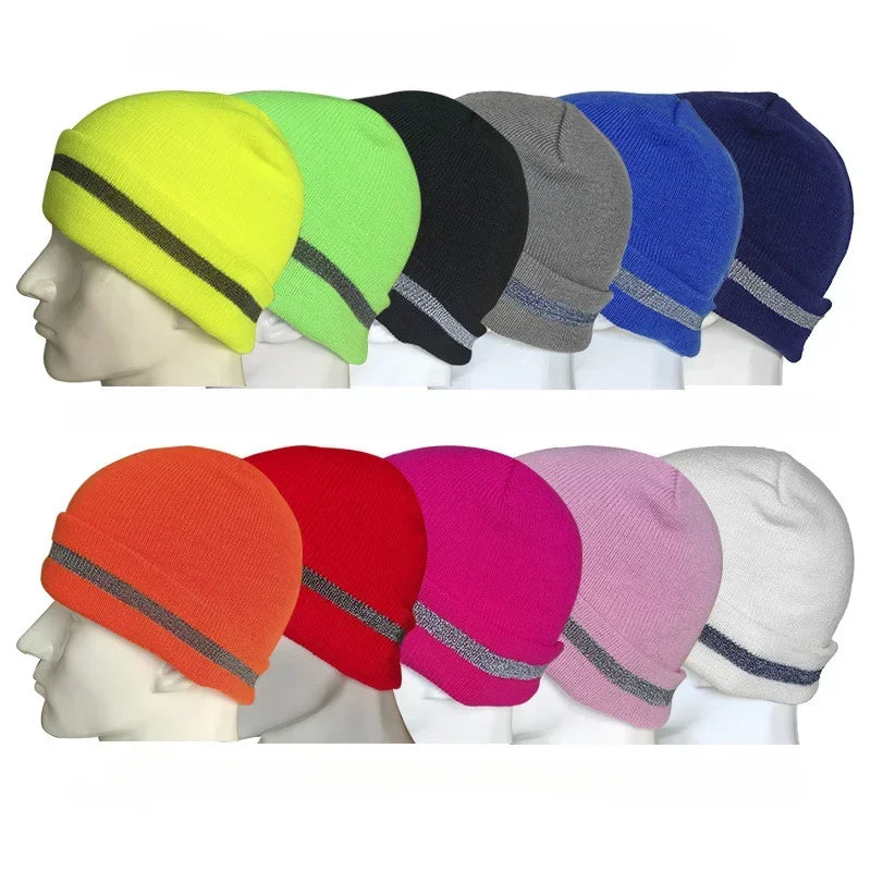 Casual Autumn Winter Warm Caps for Women and Men, Unisex Luminous Outdoor Cycling Ski Knitted Hats with Reflective Stripe Qme