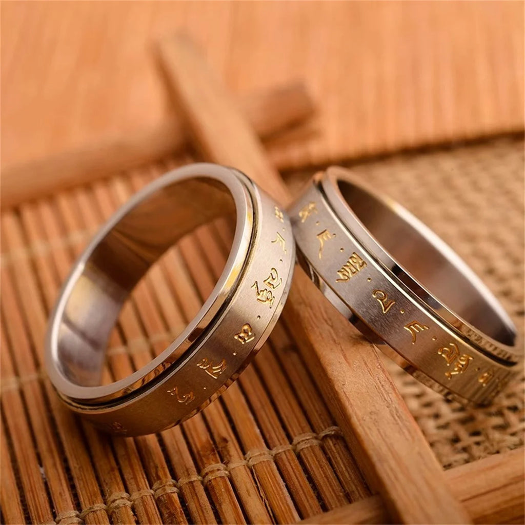 Fashion Men Buddha Rotation Spinning Mantra Letter Ring Transfer lucky Charm Ring Titanium Steel Fine Jewelry Gift Rings Qme