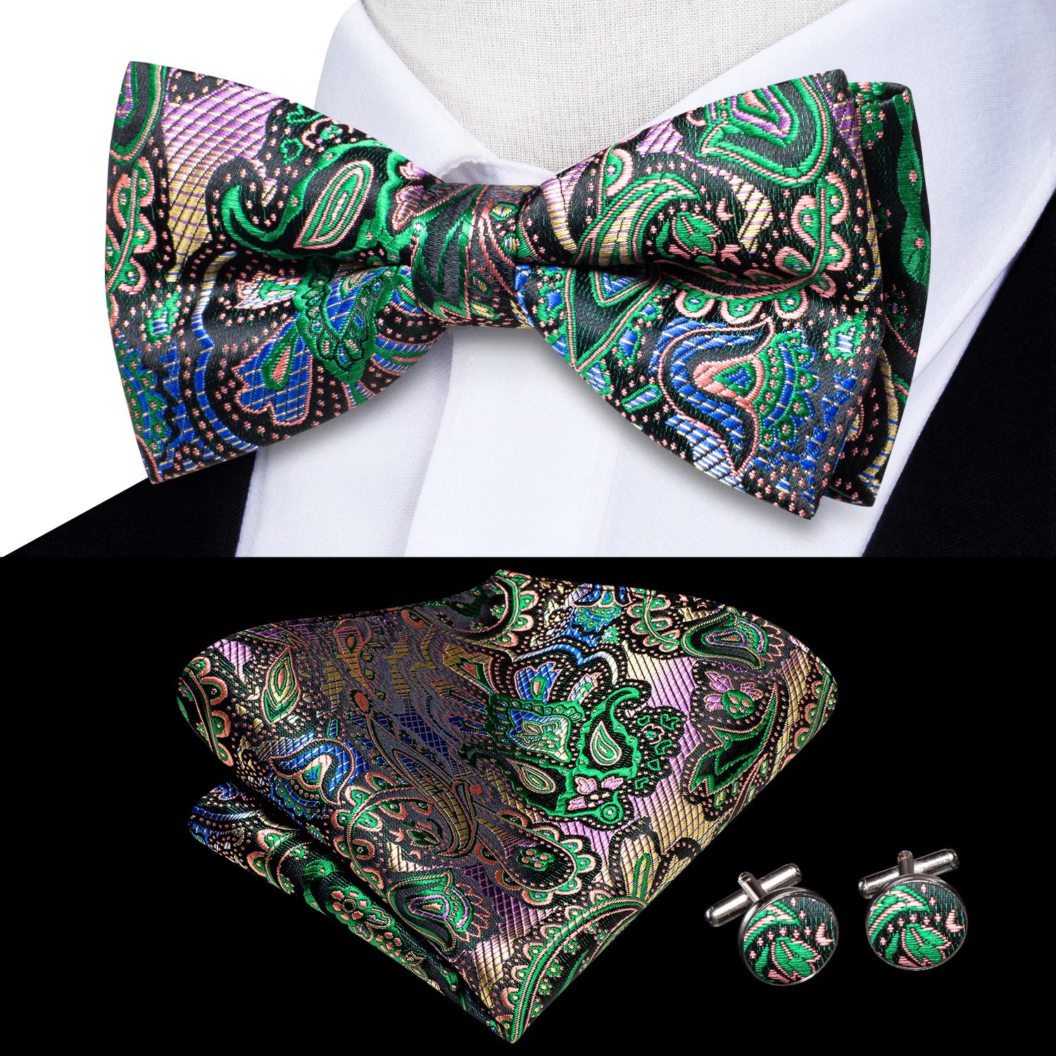 Hi-tie Pink Dot Silk Mens Pre-tied Bow Tie Hanky Cufflink Dusty