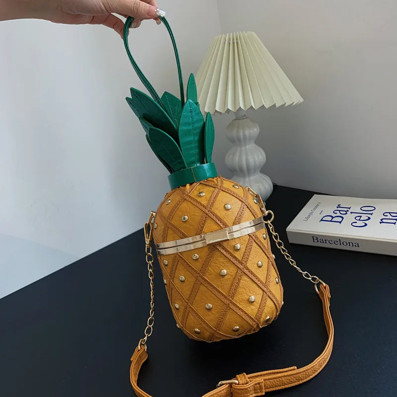 Women Pineapple-Shaped Crossbody Bag PU Leather Rivets Chain Strap Shoulder Bag Tote Novelty Handbags Summer Beach for Girls Qme Yellow