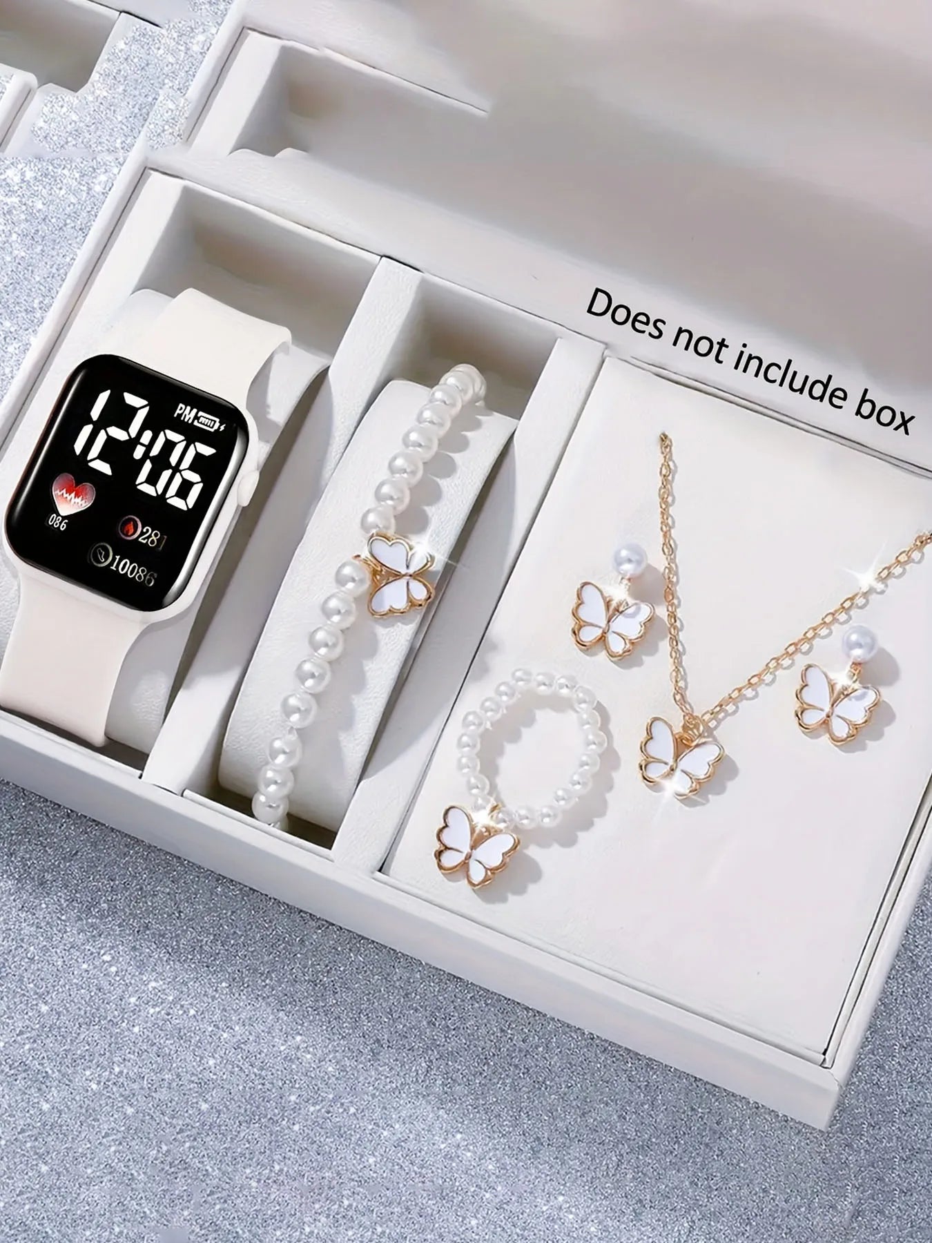 Set of 6 minimalist square LED watches with butterfly pearl jewelry Qme white