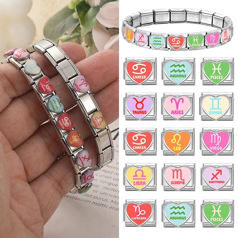 New2026 Unique Inlay Heart Constellation Theme Italian Charm Link Fit 9MM Bracelet Stainless Steel Women Men DIY Making Gifts Qme