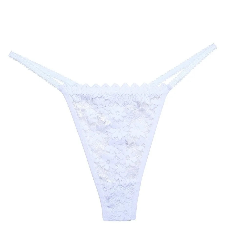 Breathable Mesh Lace Thong Women Low Waist Transparent Flower Briefs Qme White M 1pc