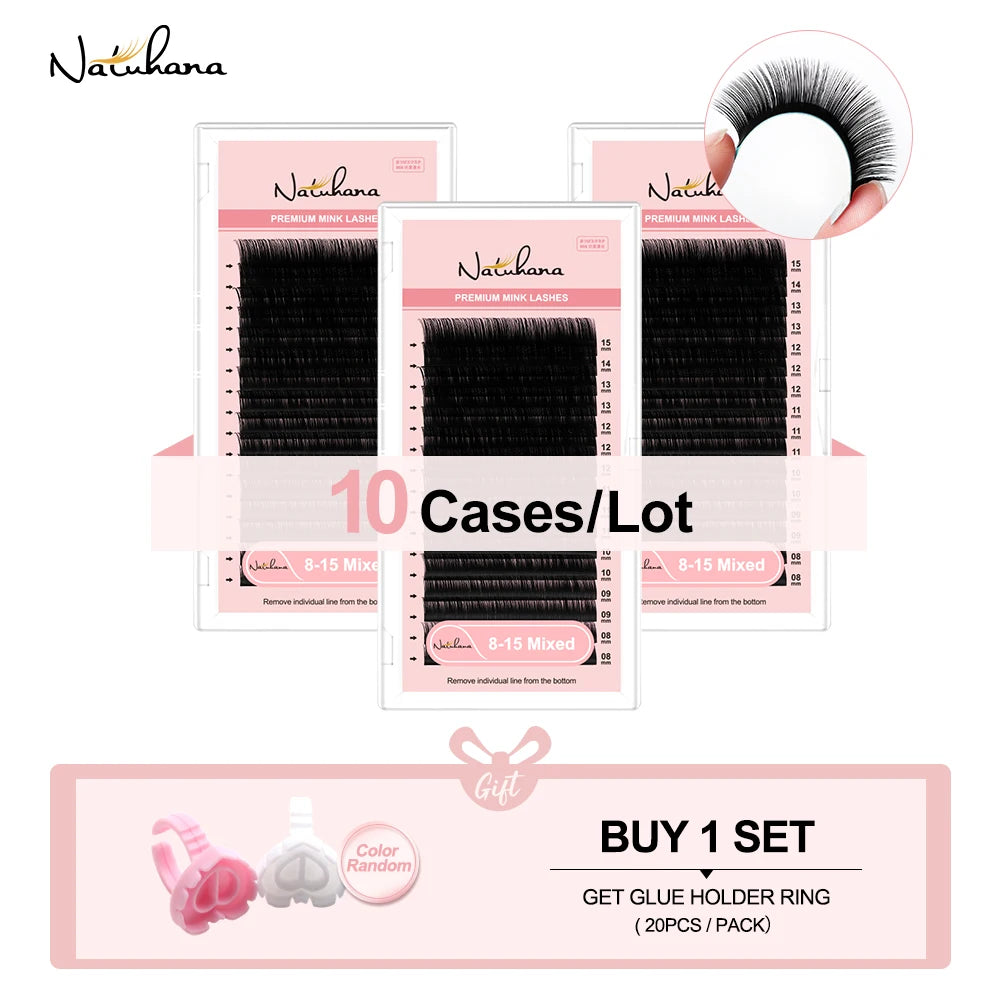 NATUHANA Faux Mink False Eyelashes 10 Trays Lot 16 Rows 8- Mixed Qme C 0.12mm 8-15Mix