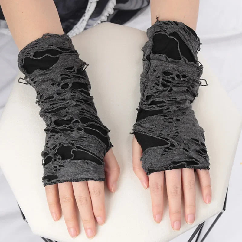 1Pair Broken Slit Gloves Punk Gothic Black Fingerless Unisex Hole Qme