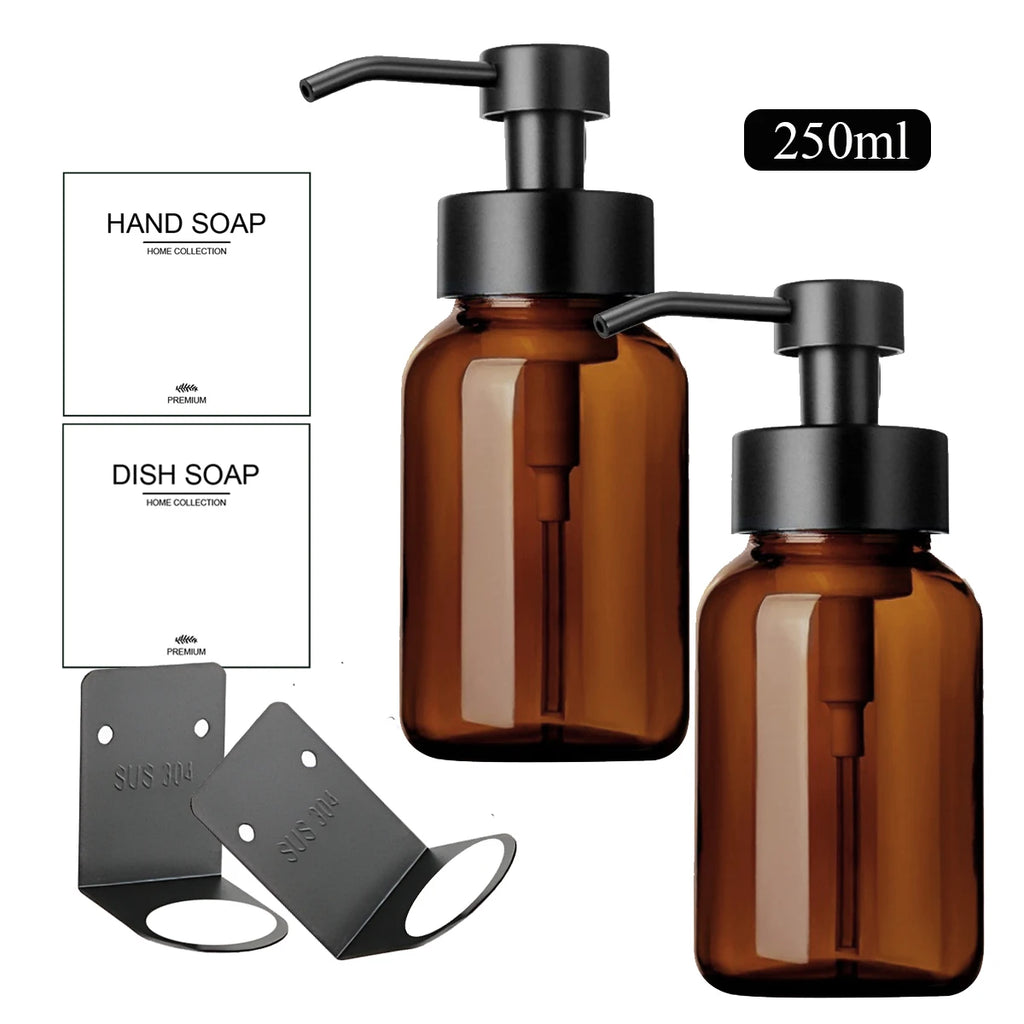 2PCS Wall Hanging Hand Soap Dispenser with Dish Soap Bottle Set Hand Foaming Dispenser with Hanger, Kitchen/Bathroom Bottles Qme 250ml set