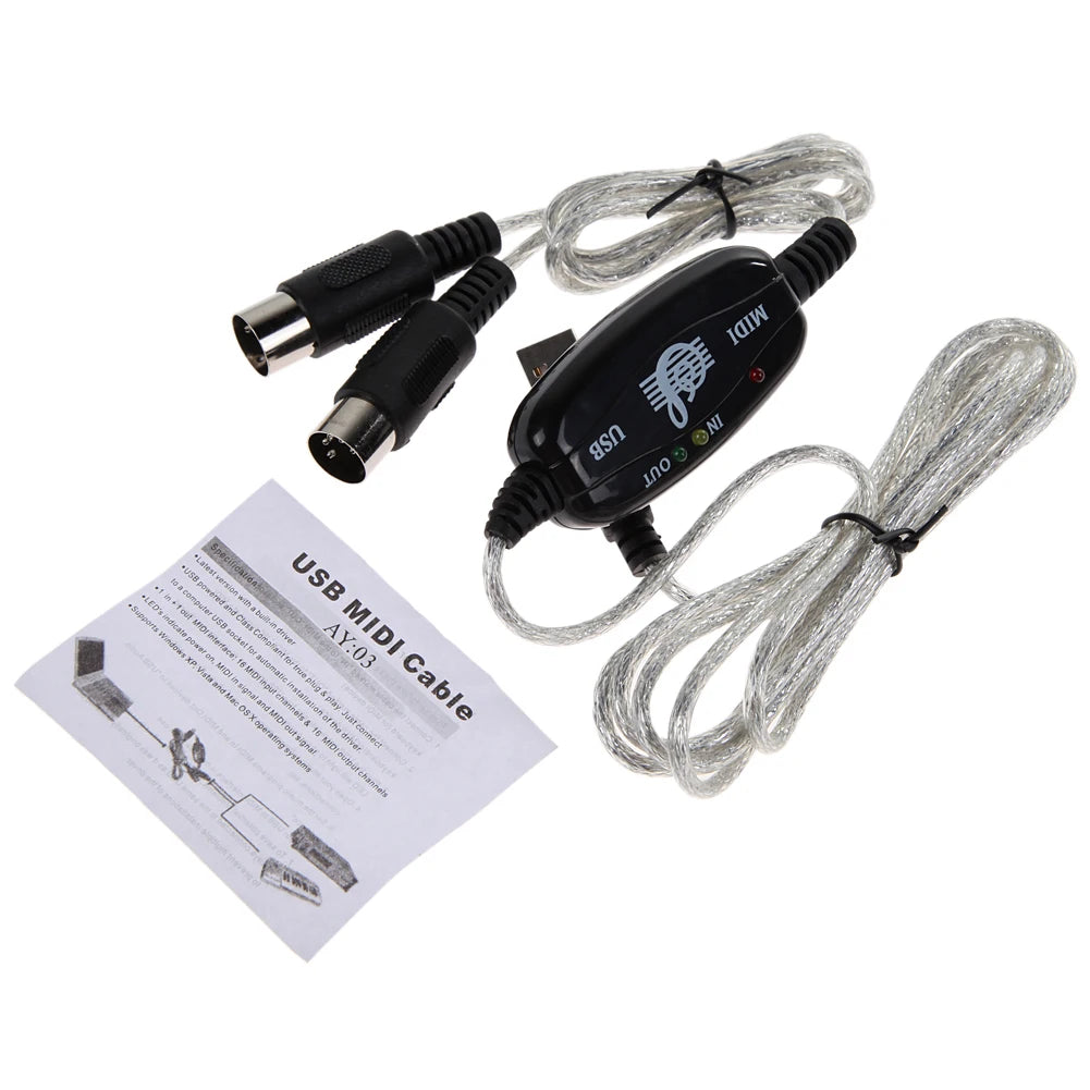 1 PC USB To MIDI Cable Converter PC To Synthesizer Music Studio Keyboard Interface USB Cable IN-OUT MIDI Converter Adapter Cord Qme