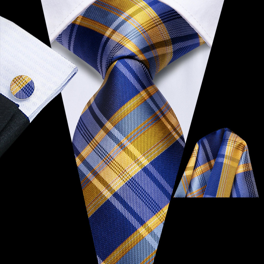 Hi-tie Mens Tie Blue Checks Plaids Silk Wedding Men Fashion Design Qme
