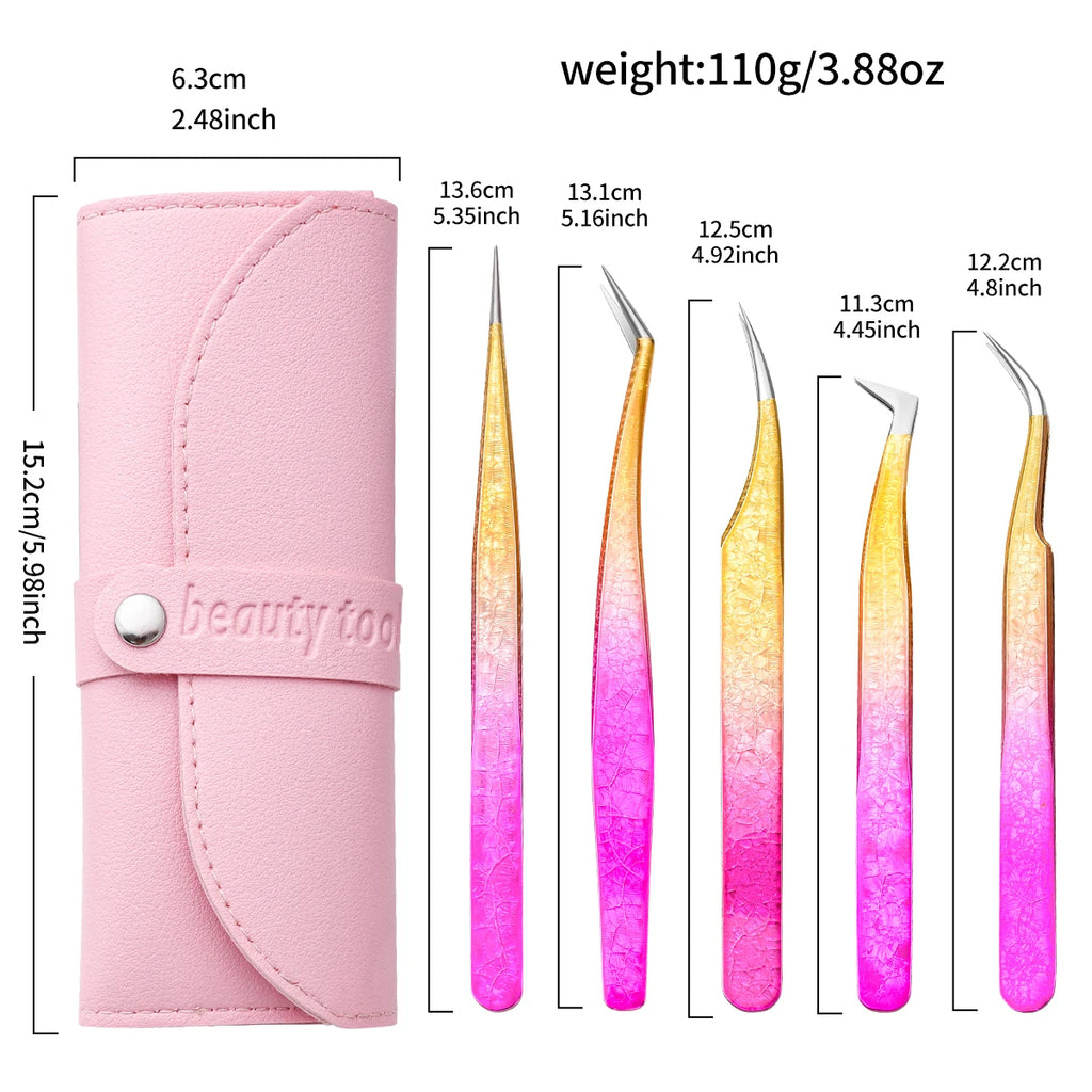 5 Eyelash Tweezers Extension Volume Tool Strap Stainless Steel Sharp Qme Pink
