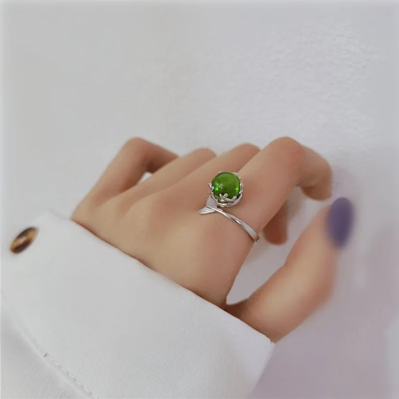 Design Sense Fashion Fishtail Crystal Multicolor Adjustable Open Ring Girl Woman Fashion Beach Party Birthday Gift Jewelry Qme resizable Cyan Silver Plated