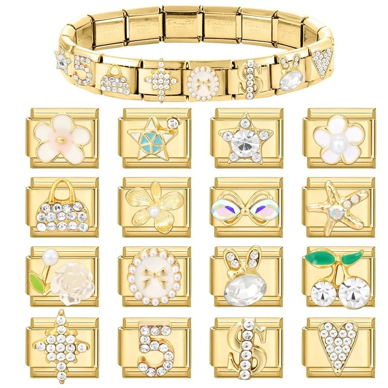 New Women Gems Flower Dollar Heart Star Girl Italian Charm Bracelet Link 9mm Stainless Steel Jewelry DIY Wholesale Drop Shipping Qme