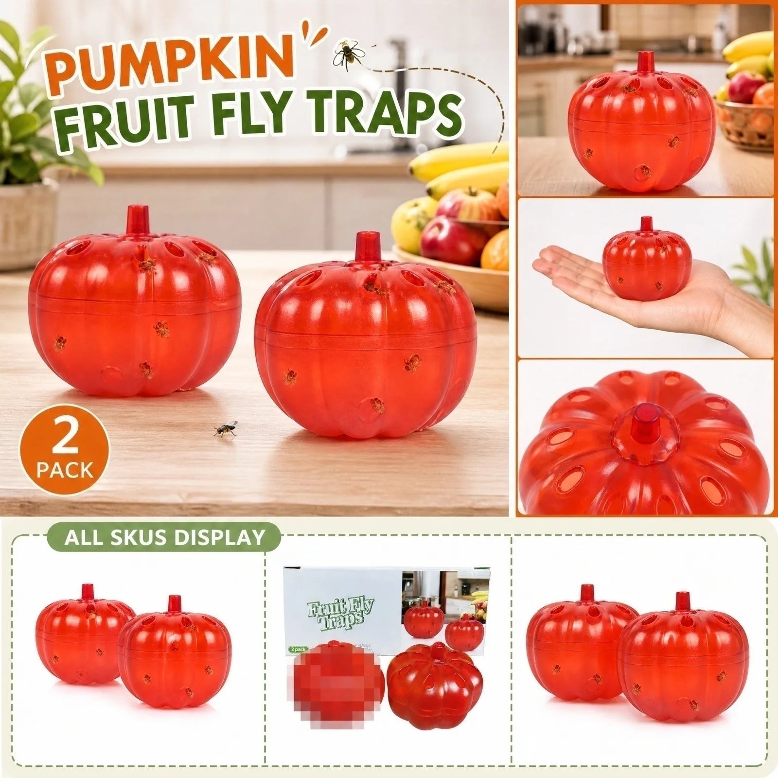 2PCS Pumpkin Shaped Effective Fly Trap Pest Insect Catcher Boxes Kitchen Reusable Multifunction Mosquitoes Pest Control Tools Qme as shown