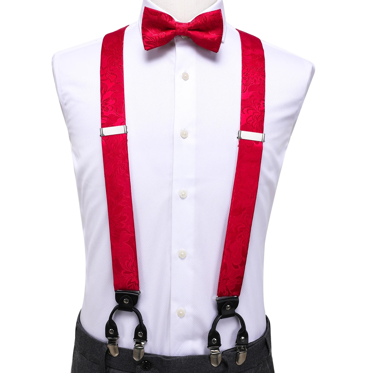 Silk Woven Mens Suspenders Bow Tie Hanky Cufflinks Strength 6 Clips