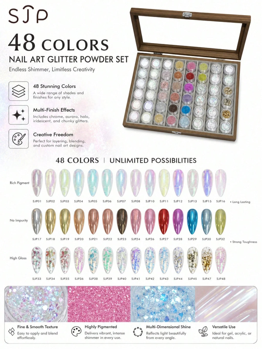 48-color Premium Aurora Ice-clear Nail Powder Includes Cards Storage Qme