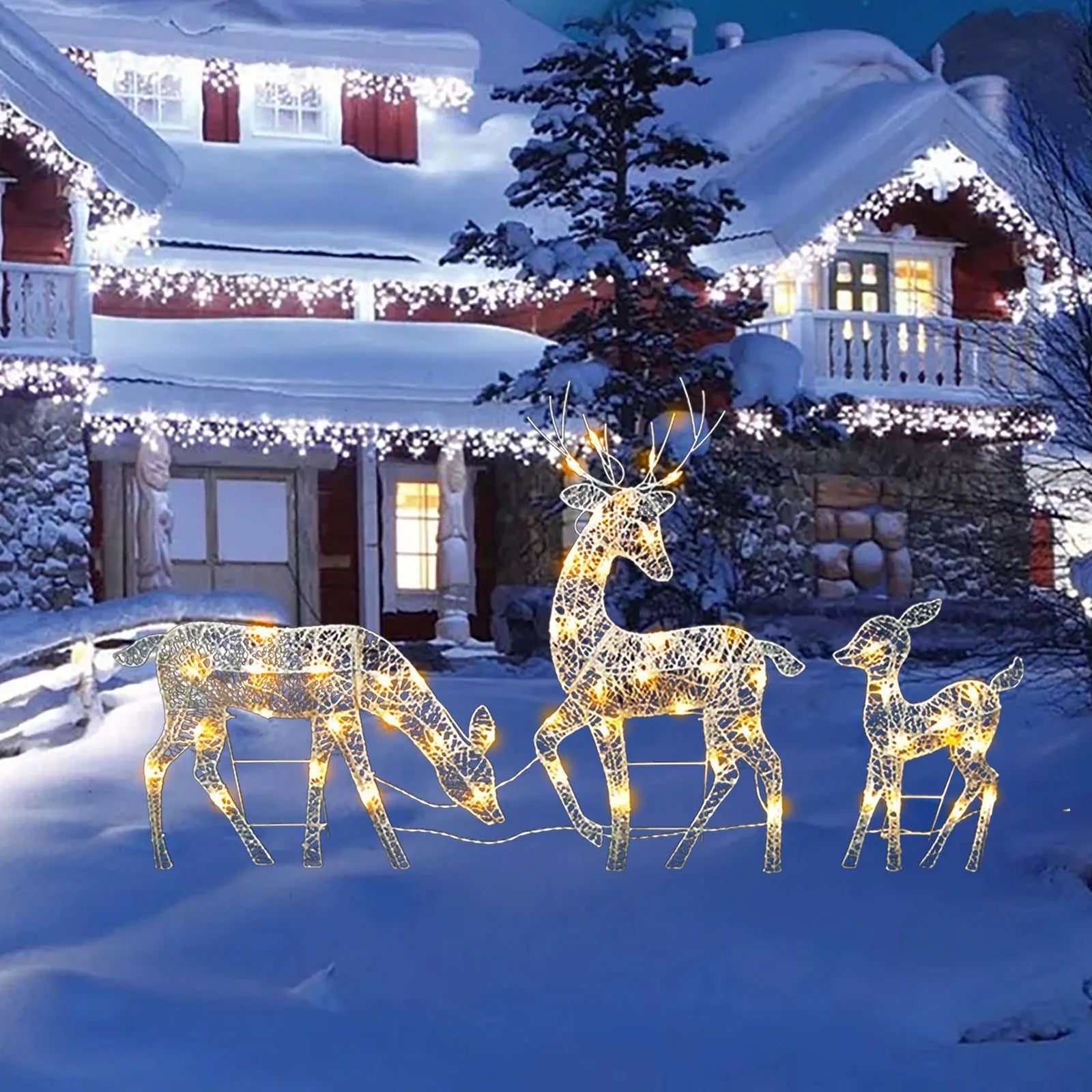 3PCS Christmas Reindeer Family Lighted Deer Christmas Decoration LED Lights Glowing Reindeer Xmas Home Outdoor Garden Ornament Qme