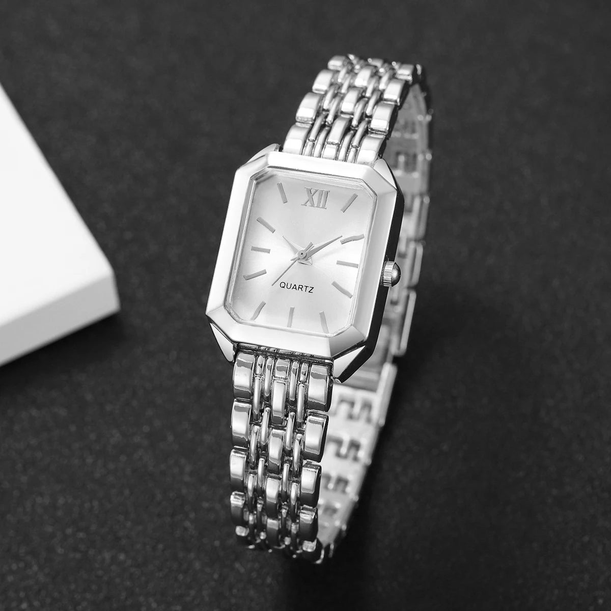 6Pcs/Set Women's Silver Jewelry Watch Set, Square Quartz Watch + 5 Pcs Crystal Bracelets, Elegant Fashion Style Qme