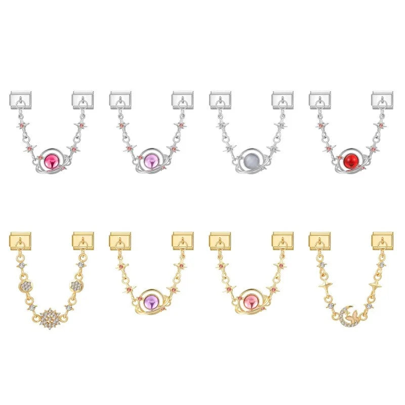 Y2K Gold Color Round Planet Pendant Tassel Chain Charm Italian Links Fit 9mm Stainless Steel Module Bracelet DIY Making Jewelrys Qme