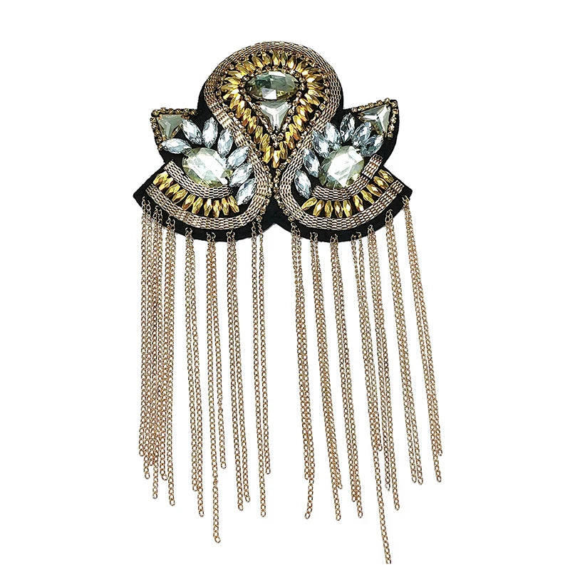 Epaulette Brooch Pin Bead Long Tassel Chain Electroplating Decor DIY Men Women Bling Epaulette Clothing Shoulder Jewelry Qme Gold